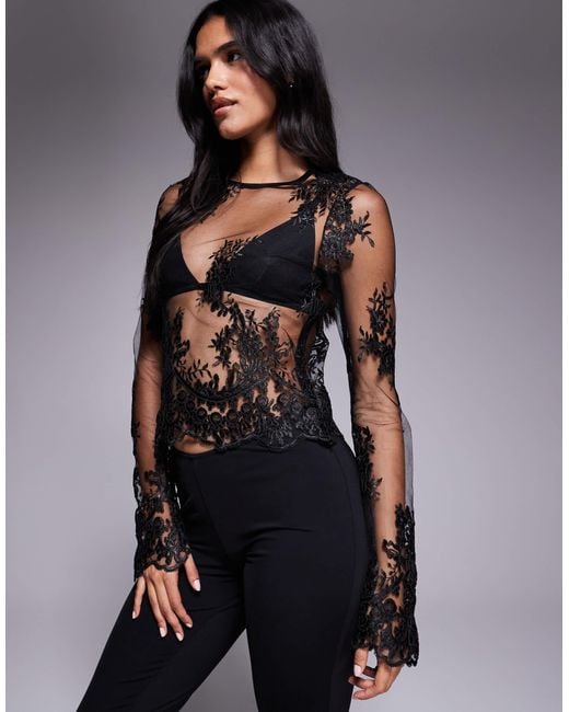 ASOS Black Embroidered Long Sleeve Sheer Scalloped Hem Top