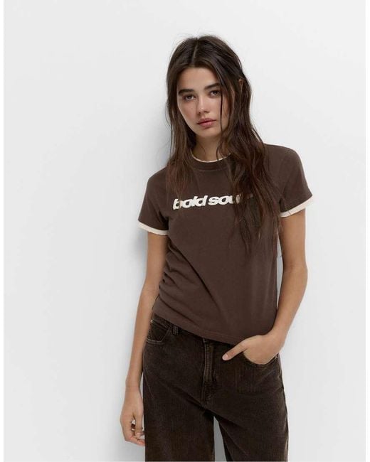T-Shirt Con Maniche Doppie di Pull&Bear in Brown