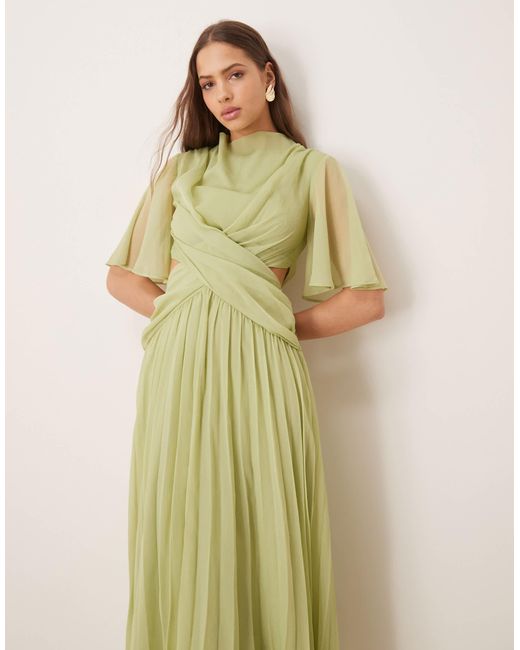 ASOS Green Cowl Wrap Front Pleated Midi Dress With Cut Out