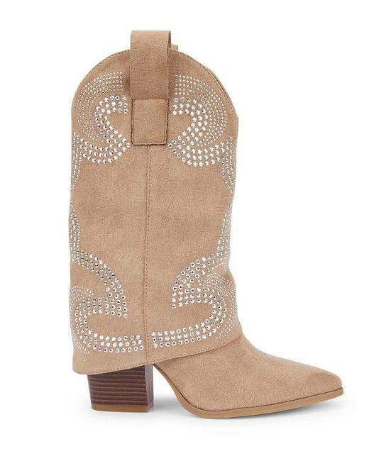 SEQWL Natural Embroidered Western Fold Over Boots Rhinestone Embellished