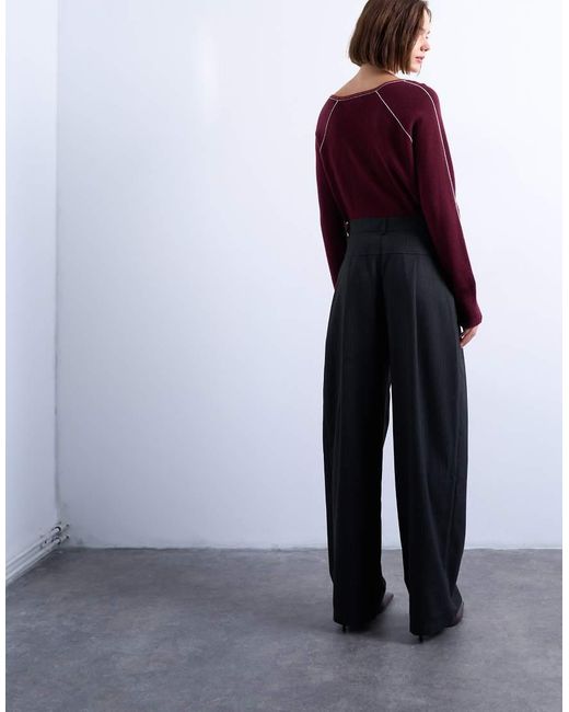 Pantaloni Bombati Grigi A Righe Con Motivo A Spina Di Pesce E Vita Scesa di TOPSHOP in Gray