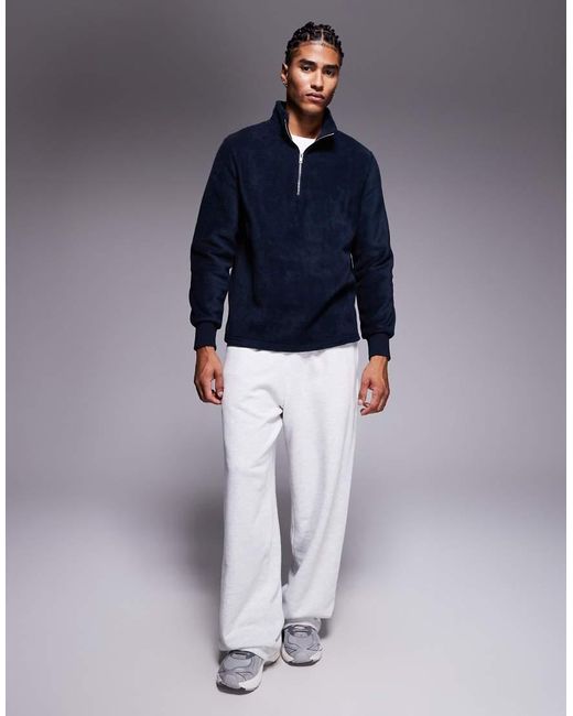 ASOS Blue Quarter Zip Fleece Sweatshirt With Funnel Neck for men