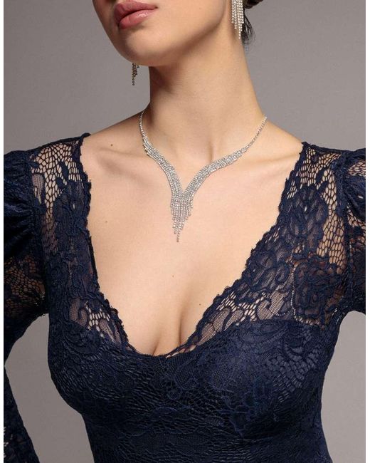 Goddiva Blue Fit & Flare Scallop Lace V Neck Maxi Dress