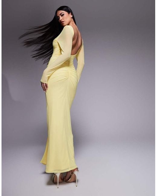 ASOS Maxi Jurk Van Mesh Met Lange Mouwen, Rechte Hals En Open Achterkant in het Yellow