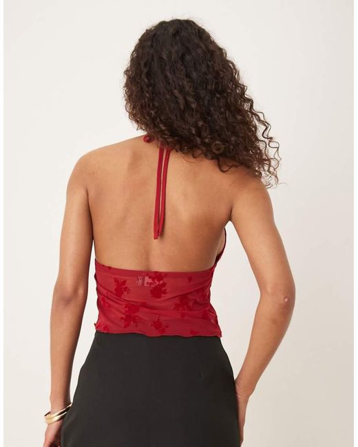 ASOS Red Flocked Mesh Plunge Frill Halter Top