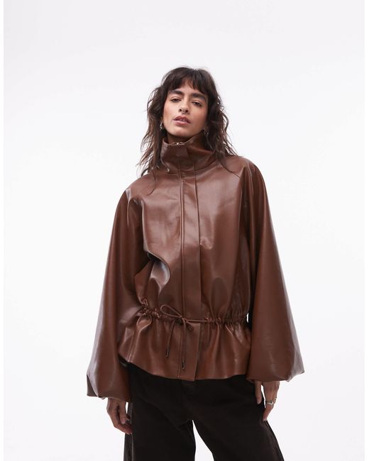 ASOS Brown Gatehred Waist Bubble Pu Jacket