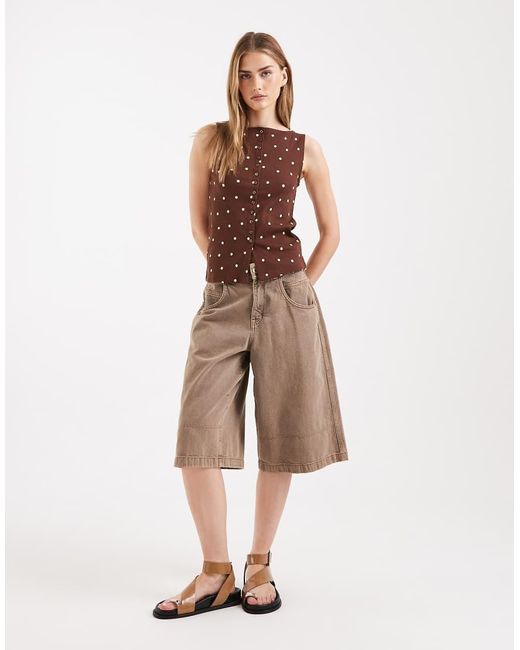 New Look Brown Boat Neck Polka Dot Button Through Tank