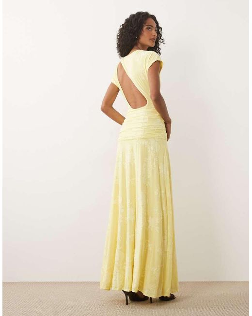 ASOS Yellow Devore Lace Ruched Detail Short Sleeve Maxi Dress