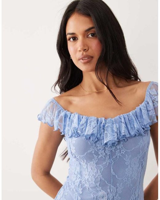 ASOS Blue Off Shoulder Mini Lace Dress With Godet Detail
