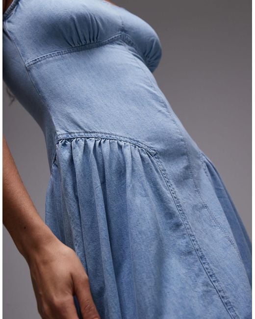 TOPSHOP Blue Denim Dropped Waist Seamed Midi Dress