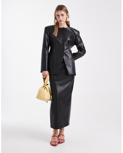 ASOS Black Faux Leather Cinch Collarless Blazer