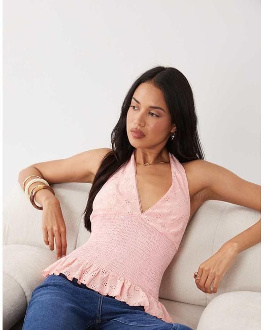Gina Tricot Pink Halterneck Broderie Anglaise Top