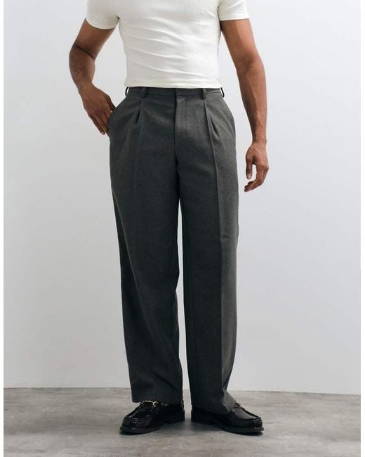 ASOS White Smart Pleated Wide Leg Trousers With Wool for men