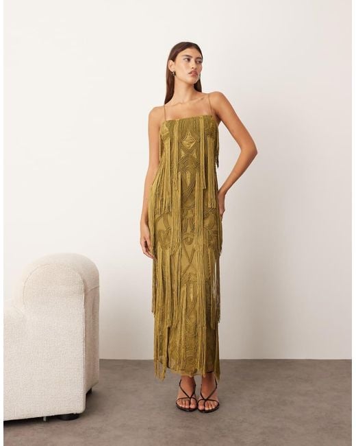 ARRANGE Natural Geo Fringe Cami Column Maxi Dress
