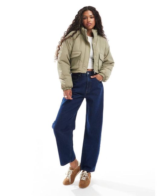 Brave Soul Green Funnel Neck Short Padded Jacket With Pockets
