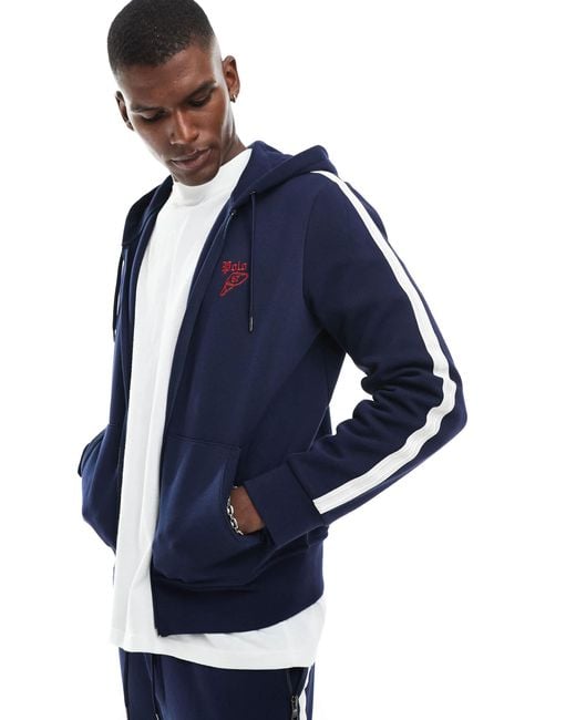Polo Ralph Lauren Blue Run Club Stripe Taped Sleeve Full Zip Pique Hoodie for men