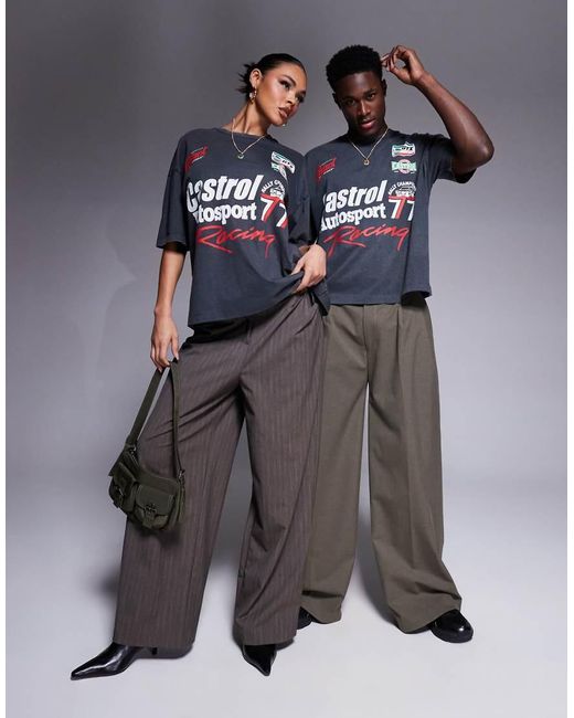 ASOS Gray Unisex Boxy Oversized T-shirt With Castrol Racing Prints
