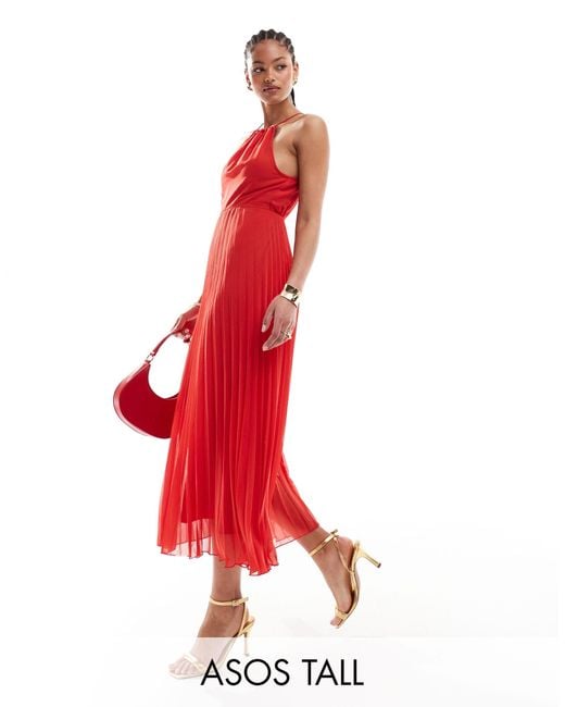 ASOS Red Asos Design Tall Pleated Chiffon Midi Dress With Halter Neck