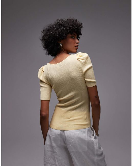 & Other Stories Metallic Knit Mixed Rib Top With Scoop Neck And Puff Sleeves