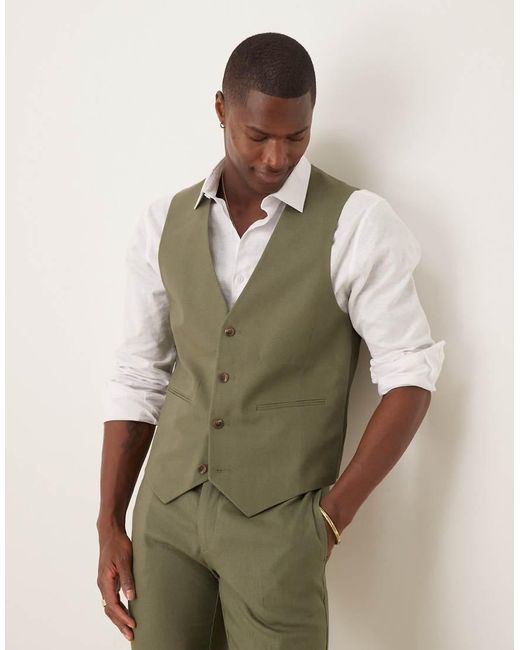 ASOS Green Linen Blend Skinny Suit Waistcoat for men