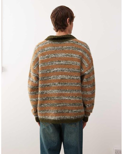 Collusion Brown Knitted Stripe Boxy Collared Sweat Jumper for men