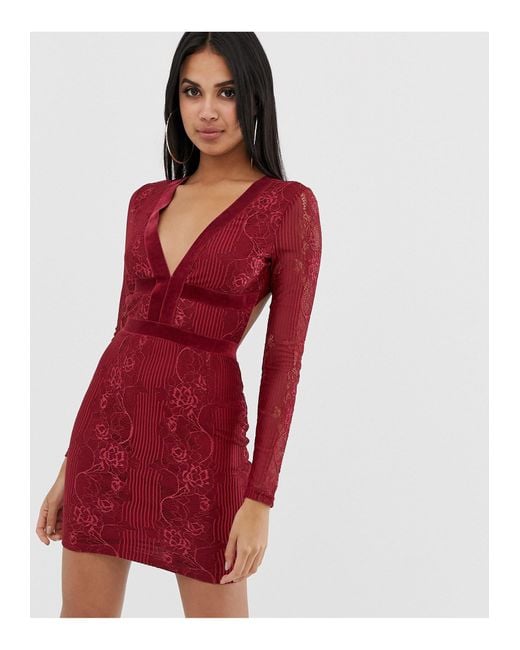 PRETTYLITTLETHING Red Lace Insert Open Back Bodycon Dress