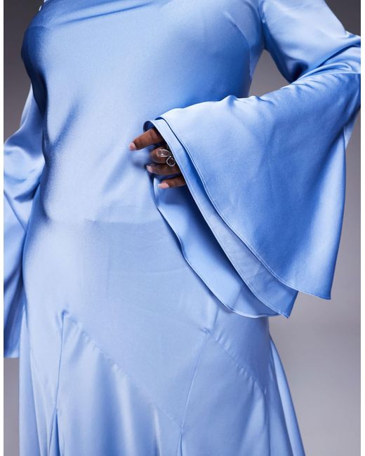 ASOS Blue Asos Design Curve Long Sleeve Satin Maxi Dress With Full Skirt And Godet