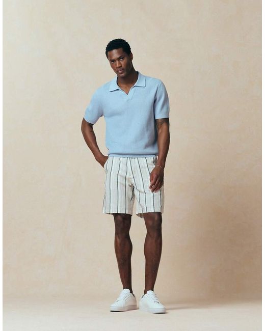 Mango Blue 100% Cotton Knitted Revere Neck Short Sleeve Sweater for men