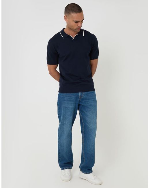 Threadbare Blue Knitted Contrast Tipping Trophy Neck Polo for men