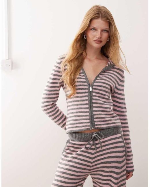 Collusion Pink Stripe Knitted Zip Through Hoodie