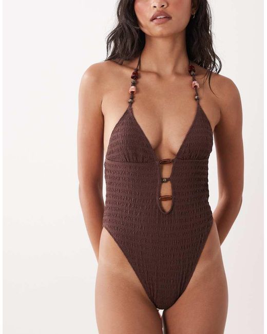 ASOS Brown Ruthie Plunge Cut Out Swimsuit With Resin Bead Detail