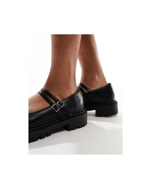 Truffle Collection Black Chunky Sole Mary Jane Double Strap Shoes