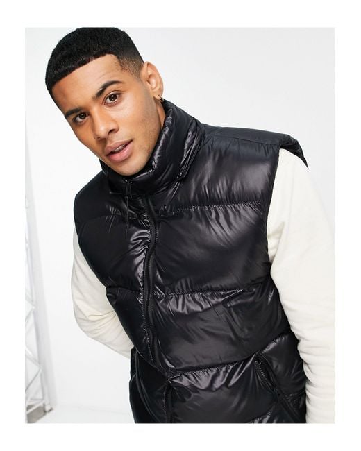 Brave Soul Black Shiny Puffer Vest With Hood for men