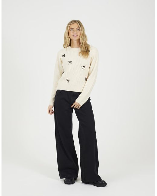 Brave Soul Natural Crew Neck Jumper With Jewel Bow Detail