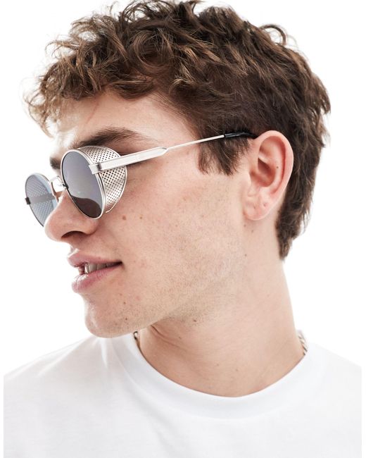 ASOS – farbene, ovale metall-sonnenbrille mit gittermuster in Metallic für Herren