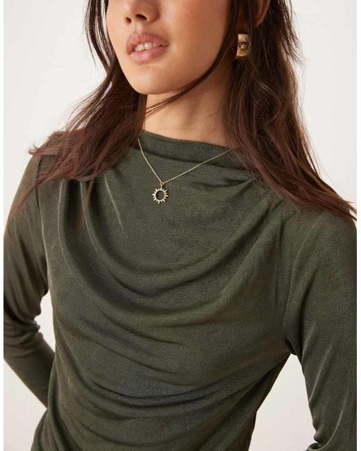 Vila Green Slinky Ruched Neck Detail Long Sleeve Top