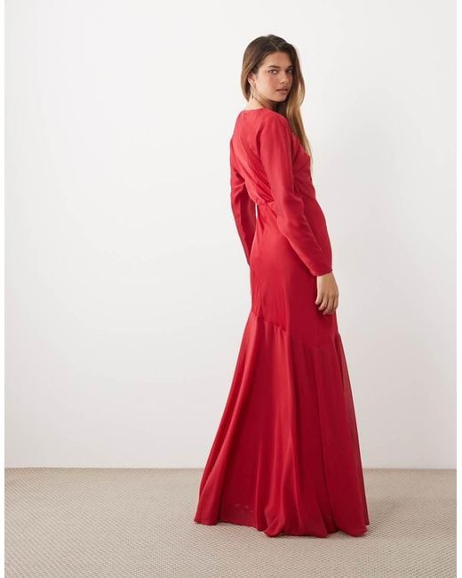 TFNC London Red Satin Bias Chiffon Hem Maxi Dress