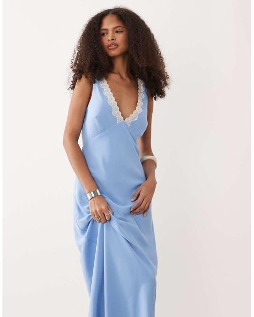 Abercrombie & Fitch Blue V Neck Slip Lace Trim Maxi Dress