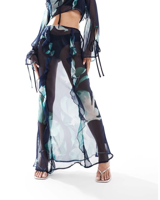 Jupe d'ensemble longue en mousseline avec imprimé fleuri abstrait - bleu ASOS en coloris Blue