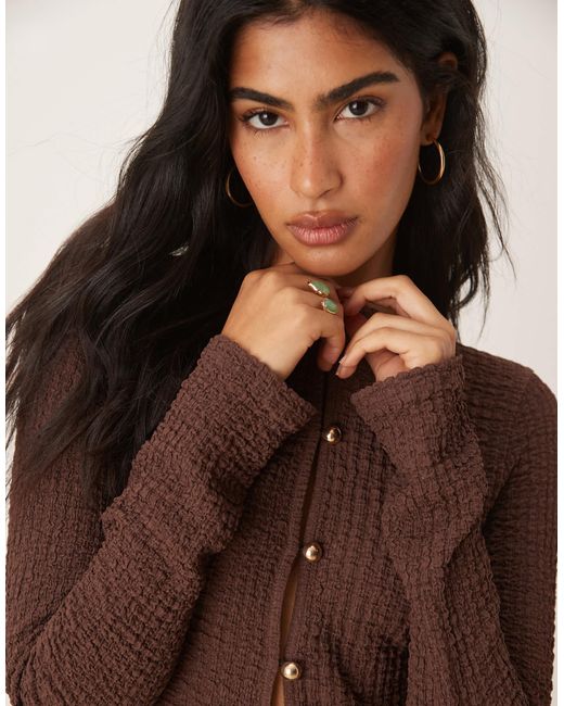 ASOS Brown Textured Long Sleeve Button Detail Top