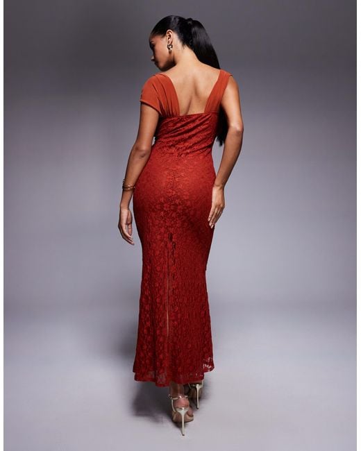 ASOS Red Cami Lace Maxi Dress With Overlayed Mesh Strap Detail