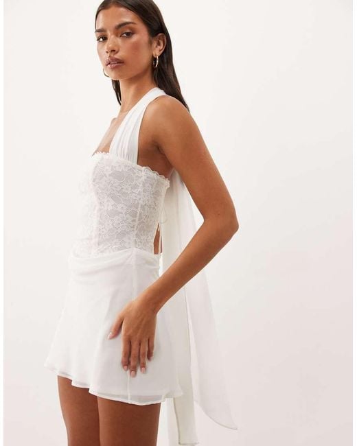 Oh Polly White Chiffon Halter Neck Embellished Lace Corset Mini Dress