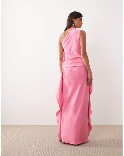 ARRANGE Pink One Shoulder Draped Maxi Dress With Ruffles