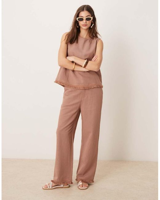 ASOS Natural Linen Blend Straight Leg Trousers With Tassel Hem Co-ord