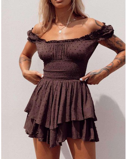 Princess Polly Brown Love Galore Textured Mesh Shirred Off The Shoulder Ruffle Trim Romper
