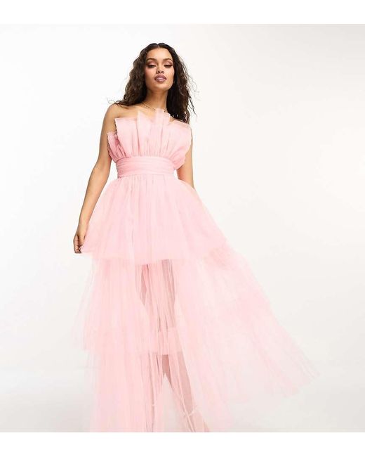 LACE & BEADS Pink Bandeau Tulle High Low Maxi Dress