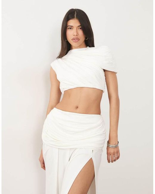 Wanderdoll White Athena Sculpting Second Skin High Neck Drape Crop Top Co-Ord