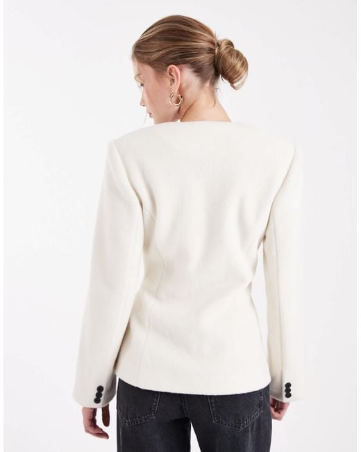 4th & Reckless White Structured Shoulder Pad Detail Cinched Waist Wool Look Blazer