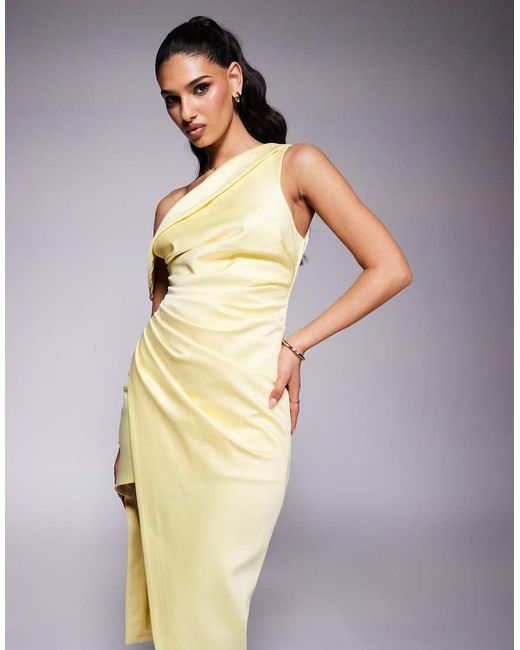 Lavish Alice Blue Asymmetric Neckline Pleated Satin Midi Dress