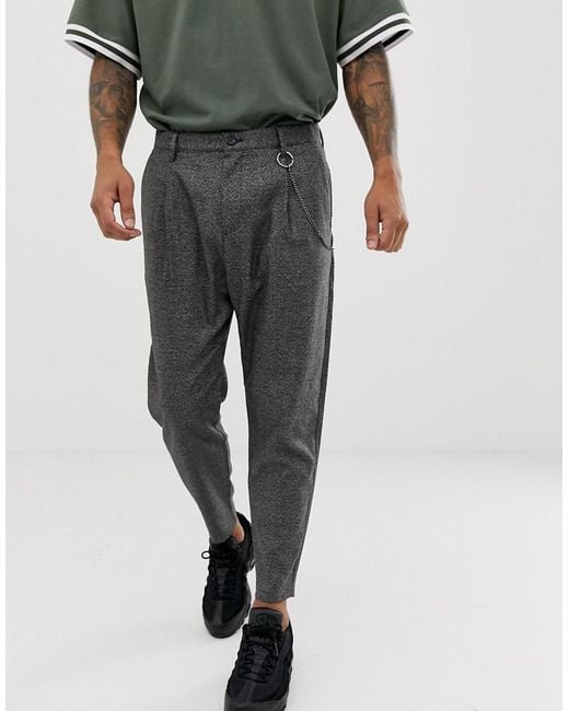 Bershka Gray Loose Carrot Fit Trousers In Dark Grey With Chain for men